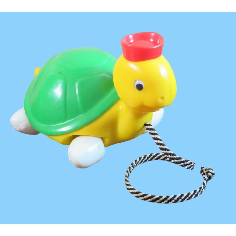Vintage 1980 Blue Box Pull-Along Turtle Toy with Red Sailor's Hat